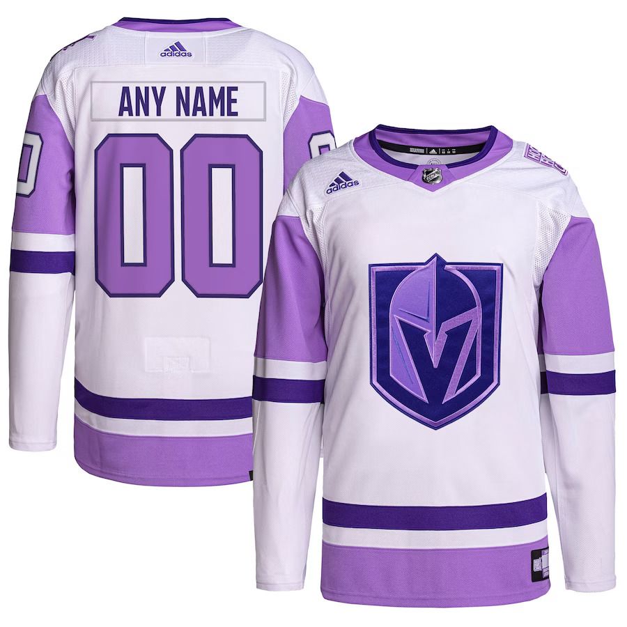 Men Vegas Golden Knights adidas White Purple Hockey Fights Cancer Primegreen Authentic Custom NHL Jersey